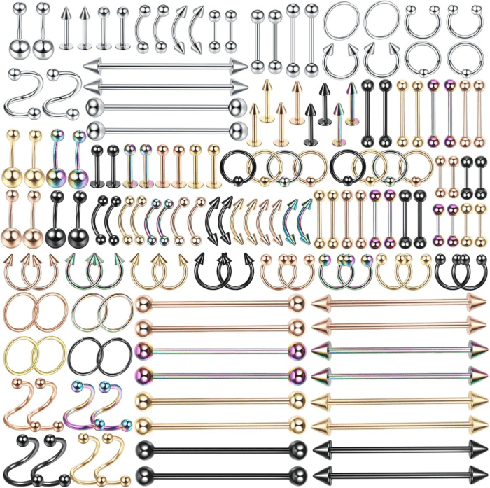 150PCS Piercing Kit Jewelry Stainless Steel Lip Nose Tongue Tragus Cartilage Daith Eeybrow Belly Button Rings Body Piercing Tools 14G 16G 20G