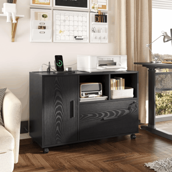 File Cabinet with Charging Station, 1-Drawer Lateral File Cabinets with Lock for Home Office, Wooden Rolling Printer Stand with Shelves, Black - Image 2