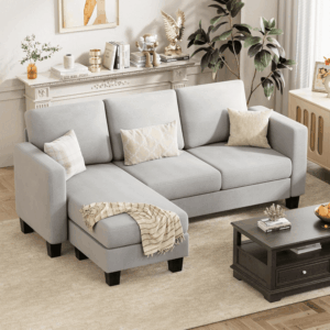 Convertible Sectional Sofa Couch, 3 Seat L-Shaped Sofa with Linen Fabric Ottoman Small Couch for Small Apartments, Living Room and Office (Linen Fabric, Light Gray)