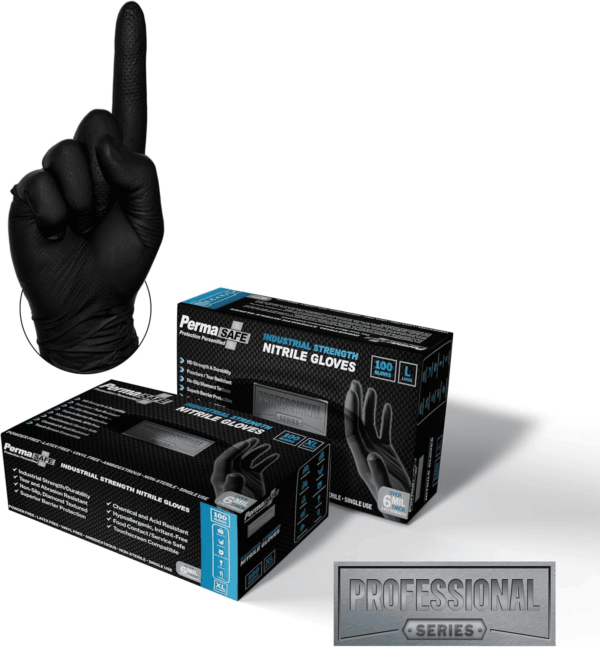 Permasafe HD Black Disposable Nitrile Industrial Gloves, 6+ Mil, Latex-Free, Raised Textured, Mechanics, Medical, Food, More