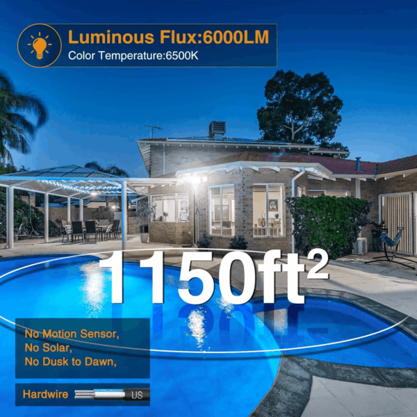 60W Flood Lights Outdoor, 6000LM Brightness Security Lights Switch Controlled, 3 Adjustable Heads, IP65 Waterproof, 6500K Wall Mount Exterior LED Flood Light - Image 2