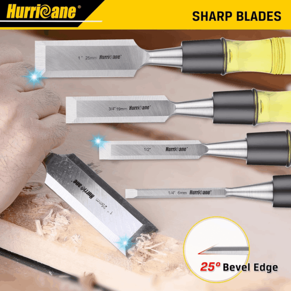 4 Piece Wood Chisel Set for Woodworking. CR-V Steel Beveled Edge Blades with Safety Caps. Durable PVC High Impact Handle, for Precision Carving & DIY Projects (1/4", 1/2", 3/4", 1") - Image 4