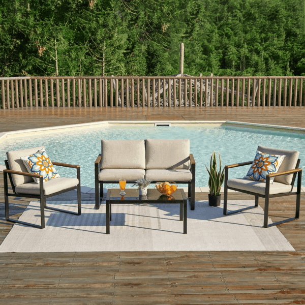 4 Pieces Patio Furniture Sets,Metal Outdoor Patio Furniture Sets,Outdoor Sectional Patio Conversation Set,Wooden Anti-Scald Armrest,Sling Mesh,4" Olefin Cushions - Image 8