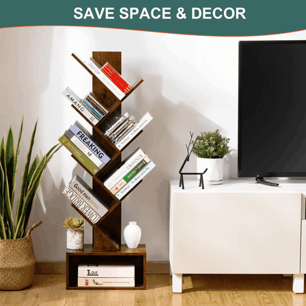 Tree Bookshelf - 6 Shelf Retro Floor Standing Bookcase, Tall Wood Book Storage Rack for Cds/Movies/Books, Utility Organizer Shelves Bedroom, Living Room, Home Office, Rustic Brown - Image 4