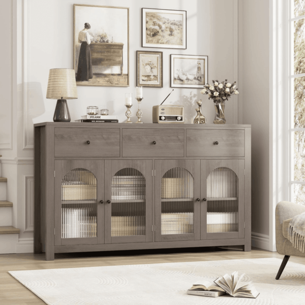 55.1" Large Sideboard Buffet Cabinet with Storage, Farmhouse Kitchen Display with 3 Drawers and 4 Doors, Wood Coffee Bar for Kitchen, Ash Grey - Image 4