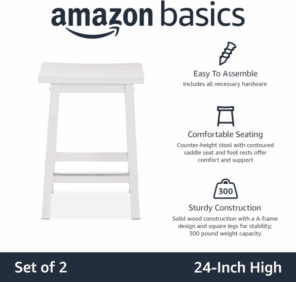 Solid Wood Saddle-Seat Counter Height Kitchen Island Barstool, 24 Inch Height, White - Set of 2 - Image 4