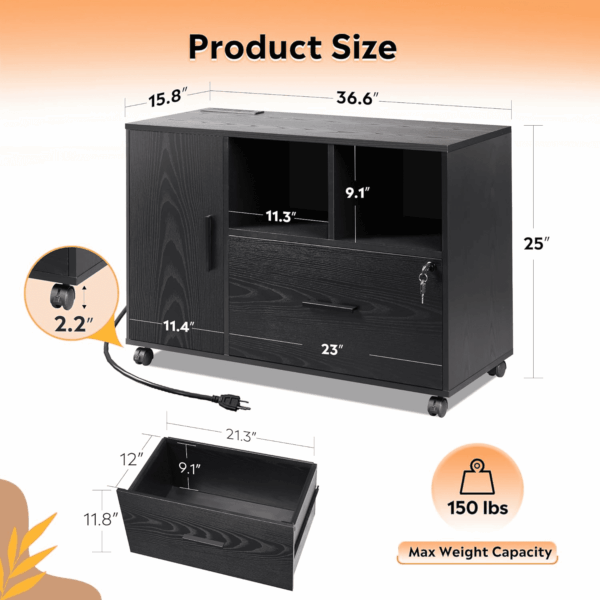 File Cabinet with Charging Station, 1-Drawer Lateral File Cabinets with Lock for Home Office, Wooden Rolling Printer Stand with Shelves, Black - Image 3