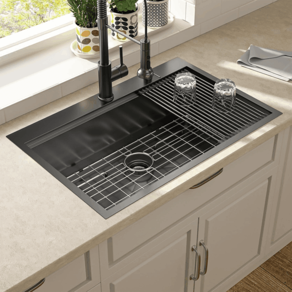 33 Black Kitchen Sink Drop in -  33X22 Drop Sink Stainless Steel 16 Gauge Gunmetal Black Ledge Workstation Single Bowl Topmount Overcounter Kitchen Sinks Deep Basin - Image 3