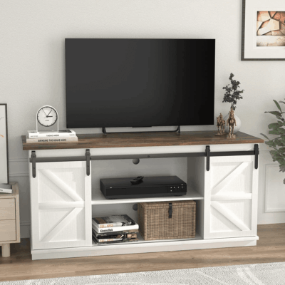 TV Stand for 65 Inch TV, Entertainment Center with Storage Cabinets and Sliding Barn Doors, Mid Century Modern Media TV Console Table for Living Room Bedroom (Bright White) - Image 8
