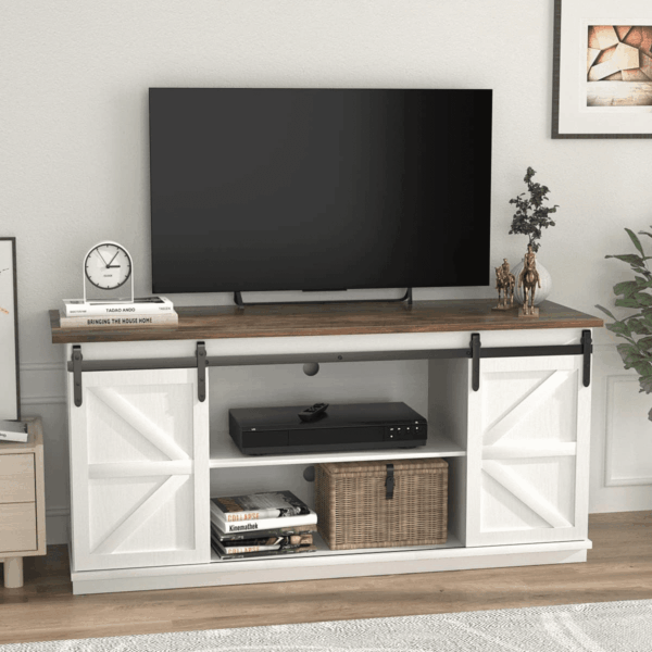 TV Stand for 65 Inch TV, Entertainment Center with Storage Cabinets and Sliding Barn Doors, Mid Century Modern Media TV Console Table for Living Room Bedroom (Bright White) - Image 8