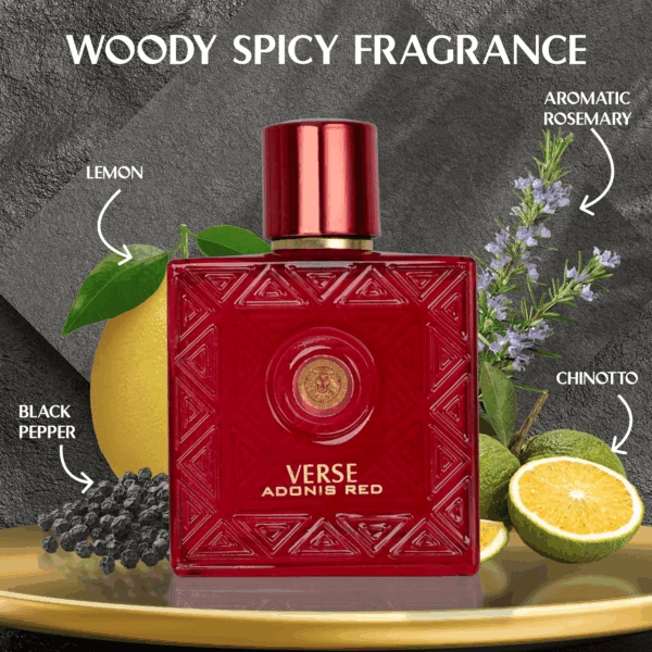 Verse Adonis Red for Men - 100Ml Eau De Parfum Spray - Fruity Warm & Floral Fragrance Smell Fresh All Day Long Lasting Includes  Carrying Pouch Gift for All Occasions - Image 2