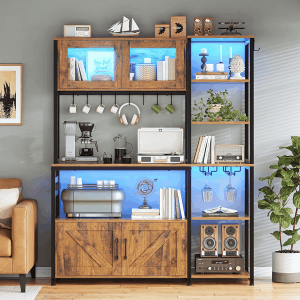 Bakers Rack with Power Outlet and LED Light, 45.3 Inch Farmhouse Coffee Bar Cabinet, Kitchen Microwave Stand with Storage, Glass Cabinet, Goblet Holder and 8 Hooks (Rustic Brown) - Image 3