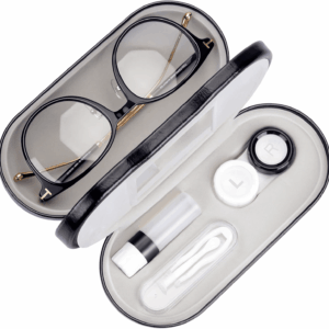 2 in 1 Double Sided Portable Contact Lens Case and Glasses Case,Dual Use Design with Built-In Mirror,Tweezer and Contact Lens Solution Bottle Included for Travel Kit,Black