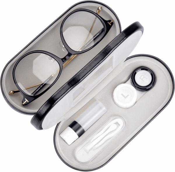 2 in 1 Double Sided Portable Contact Lens Case and Glasses Case,Dual Use Design with Built-In Mirror,Tweezer and Contact Lens Solution Bottle Included for Travel Kit,Black