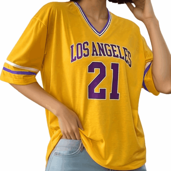 American Jersey for Women Oversized Graphic Stripe Trim V Neck Drop Shoulder Summer Tshirts - Image 3