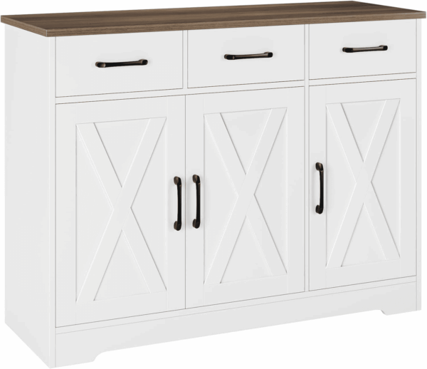 Modern Farmhouse Sideboard Buffet Cabinet, Barn Doors Buffet Storage Cabinet with Drawers and Shelves, Wood Coffee Bar with Storage for Kitchen, Dining Room, Living Room, White - Image 9