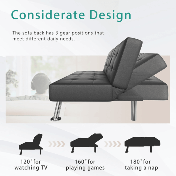 Futon Sofa Bed Modern Folding Futon Set Convertible Recliner Lounge for Living Room with 2 Cup Holders, Removable Armrests (PU Leather, Black) - Image 6