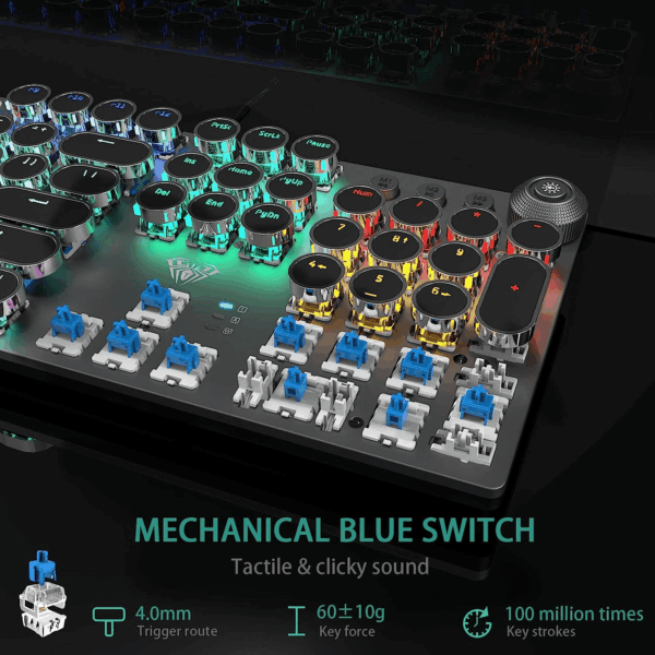 F2088 Typewriter Style Mechanical Gaming Keyboard Blue Switches,Rainbow LED Backlit,Removable Wrist Rest,Media Control Knob,Retro Punk round Keycaps,Usb Wired Computer Keyboard - Image 5