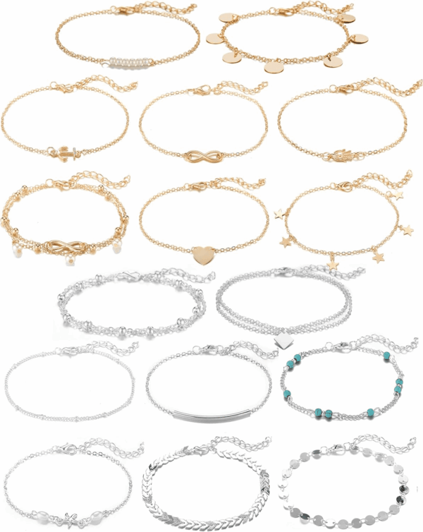 16Pcs Ankle Bracelets for Women Gold Silver Two Style Chain Beach Anklet Bracelet Jewelry Anklet Set,Adjustable Size