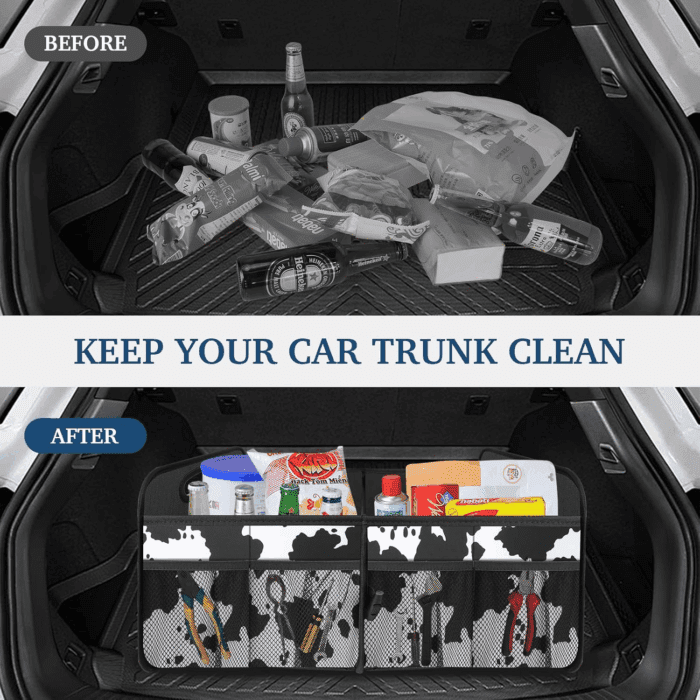 Car Trunk Organizer, Cow Print, Vintage Style, 52L Capacity, 4 Compartments, Waterproof, Non-Slip, Collapsible, 22.5"D X 18"W X 10.8"H - Image 5