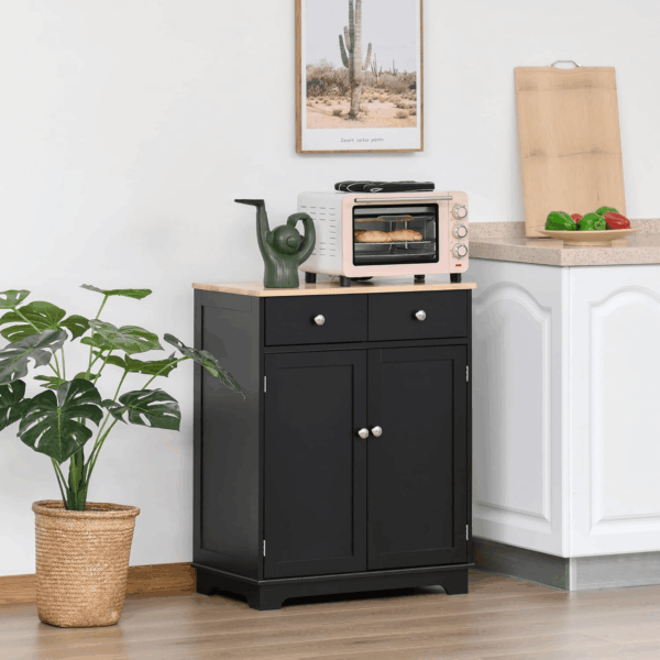 Sideboard with Solid Wood Countertop, Modern Kitchen Storage Cabinet, Coffee Bar Cabinet with 2 Drawers, Doors and Adjustable Shelf, Black - Image 2