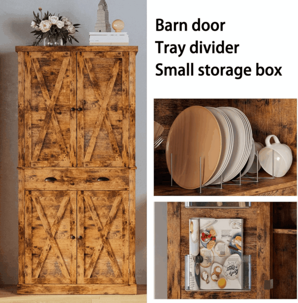 Kitchen Pantry Storage Cabinet 72.6" H, with Barn Doors, Drawer, 4 Adjustable Shelves, Freestanding Cupboard for Dining Room Living Room, Laundry, Vintage Brown - Image 6