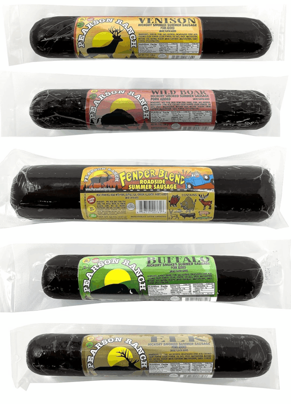 PEARSON RANCH Wild Game Meat Summer Sausage Variety Pack of 5 Elk, Buffalo Wild Boar, & Fender Blend (Rabbit, Alligator, Venison, Elk, Buffalo) Exotic Meat Summer Sausage Sampler, Gluten-Free Exotic Sausage