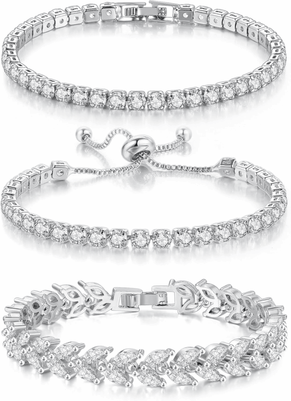 3 Pcs Tennis Bracelet Set 14K Gold Plated Marquise Cubic Zirconia CZ Diamond Dainty Adjustable Silver Bracelets for Women Brides Stackable Fashion Jewelry Wedding Prom Gift - Image 2