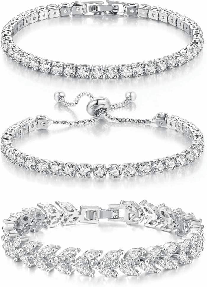 3 Pcs Tennis Bracelet Set 14K Gold Plated Marquise Cubic Zirconia CZ Diamond Dainty Adjustable Silver Bracelets for Women Brides Stackable Fashion Jewelry Wedding Prom Gift - Image 2