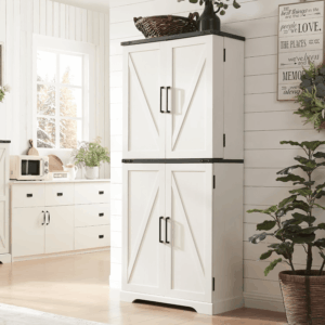 72" Tall Kitchen Pantry, Farmhouse Storage Cabinet with Barn Doors, Organizer, Drawer and Adjustable Shelves, Rustic Wood Cupboard for Kitchen, Dining Room, Bathroom, off White