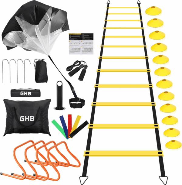 Agility Ladder,Football Training Equipment Set,4 Agility Hurdles, 20 Feet12 Rungs Speed Ladder,12 Disc Cones,Resistance Parachute, Jump Rope, 4 Resistance Bands - Image 9