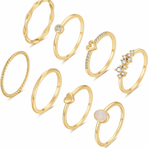 8-12PCS 14K Gold Stacking Ring Set for Women Dainty Thumb Stackable Rings Gold Heart CZ Non Tarnish Rings Plain Band Size 4-11