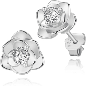 14K Gold Plated 925 Sterling Silver Post Cubic Zirconia Rose Flower Stud Earrings for Women | Hypoallergenic & Nickel Free Earrings for Women
