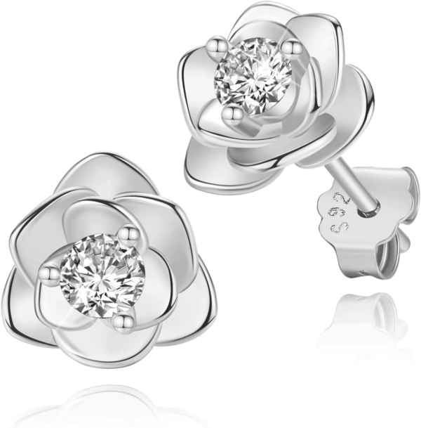 14K Gold Plated 925 Sterling Silver Post Cubic Zirconia Rose Flower Stud Earrings for Women | Hypoallergenic & Nickel Free Earrings for Women