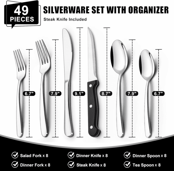 49-Piece Silverware Set with Organizer, Heavy Duty Stainless Steel Flatware for 8, Cutlery Utensil Sets with Steak Knives, Rust-Proof, Mirror Polished, Dishwasher Safe - Image 2