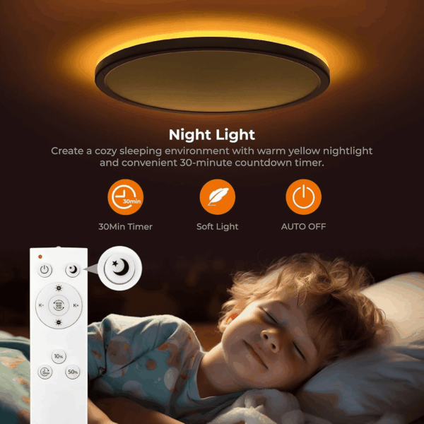 15.4In LED Flush Mount Ceiling Light Fixture with Remote, 2000K Warm Nightlight, Dimmable 3000K-6500K Low Profile Ceiling Lights for Bedroom, Living Room, 3600LM Black - Image 3