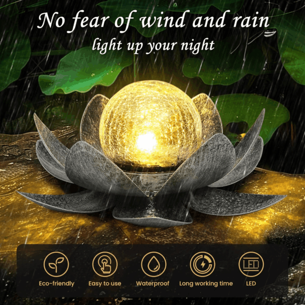 Solar Light Outdoor Garden Decor, Lotus Flower Light Crackle Globe Glass Lantern Outdoor Table Decor Waterproof for Patio, Lawn, Pathway, Pool, Pond (Grey Petal) - Image 2