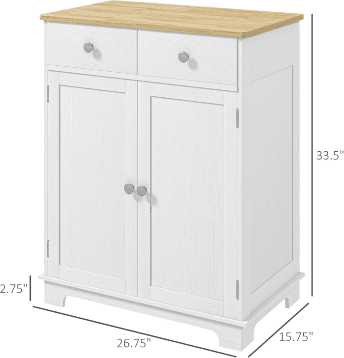 Sideboard with Solid Wood Countertop, Modern Kitchen Storage Cabinet, Coffee Bar Cabinet with 2 Drawers, Doors and Adjustable Shelf, Distressed White - Image 3