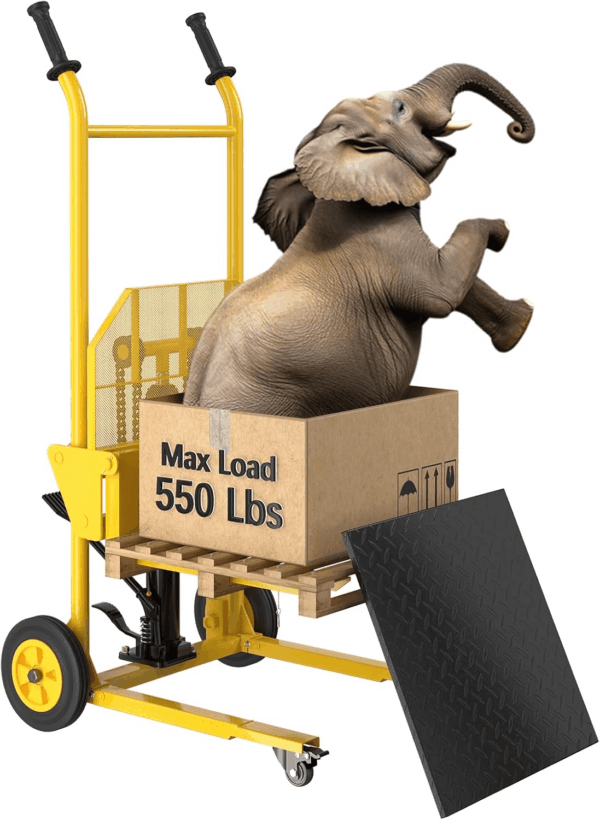 Hydraulic Material Lift with Upgraded Baffle Pallet Lift 550 Lbs 37.4” Max Lift with Front Universal Wheels and 9" Polyurethane Wheels, 18.5" Fork Length, Lift Dolly, Hand Forklift, Steel Platform X 1