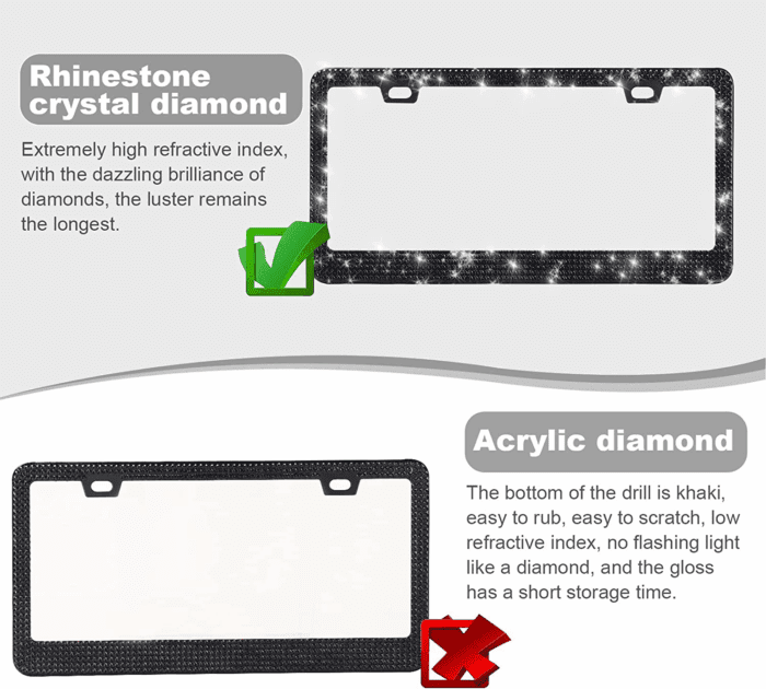 2 Pack Bling License Plate Frames for Women, Sparkly Rhinestone Diamond Car Accessories with Glitter Crystal Caps (Black) - Image 3
