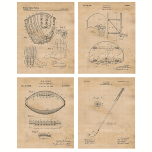 Vintage Team Sports Football Baseball Basketball Golf Patent Prints, 4 (8X10) Unframed Photos, Wall Art Decor Gift for Home Office Man Cave Gears Work Garage Student Teacher Coach Trainer Gym Fitness