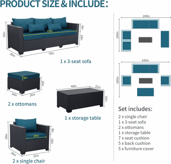Patio Furniture Set 6 Pieces Couch Outdoor Chairs Coffee Table Peacock Blue Anti-Slip Cushions and Waterproof Covers - Image 8