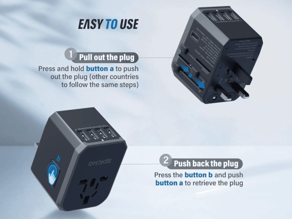 Universal Travel Adapter, European Travel Plug Adapter - International Power Adapter Worldwide Charger with USB-C & 4 USB Ports, Travel Essentials for Italy, Japan, Europe, UK (TA-105, Grey) - Image 3