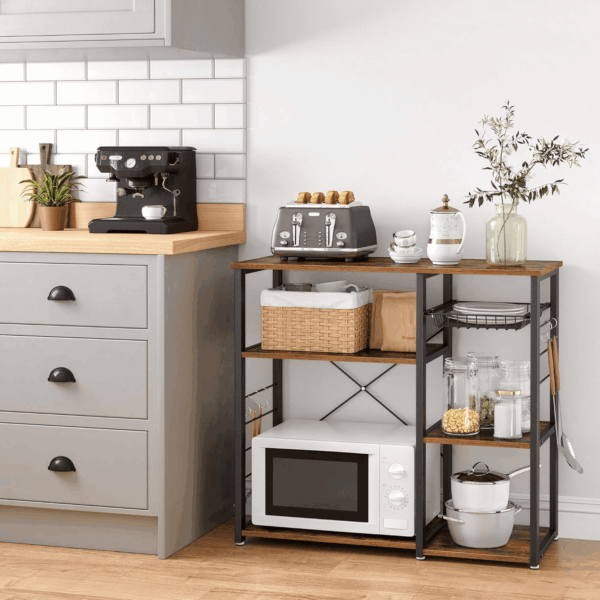 ALINRU Kitchen Baker’S Rack, Coffee Bar, Microwave Oven Stand, with Steel Frame, Wire Basket, 6 Hooks, 35.4", Rustic Brown - Image 5