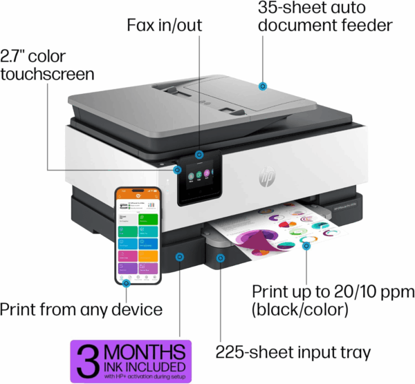 Officejet Pro 8135E Wireless All-In-One Color Inkjet Printer, Print, Scan, Copy, Fax, ADF, Duplex Printing, Best-For-Home Office, 3 Months of Instant Ink Included (40Q35A) - Image 4