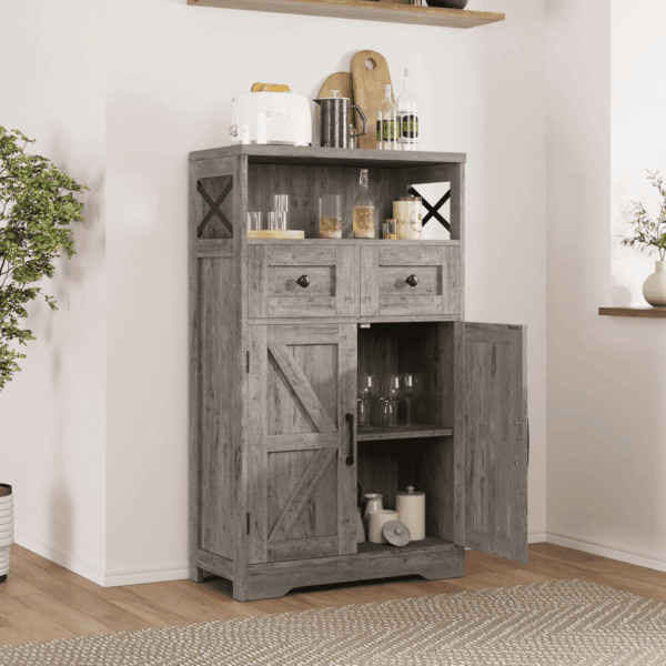 Farmhouse Storage Cabinet with Drawers and Adjustable Shelves, Freestanding Kitchen Pantry Storage Cabinet, Floor Storage Cupboard for Dining Living Room Home Office, Washed Grey - Image 4