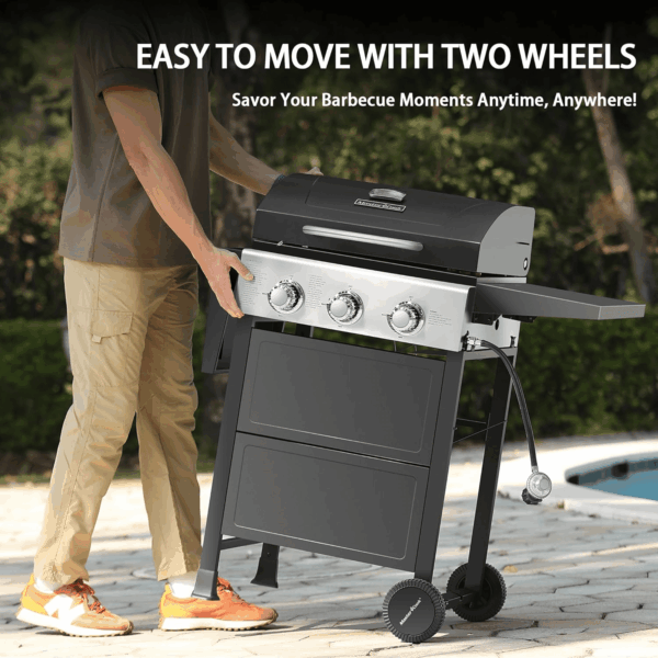 3 Burner BBQ Propane Gas Grill, Stainless Steel 30,000 BTU Patio Garden Barbecue Grill with Two Foldable Shelves - Image 5