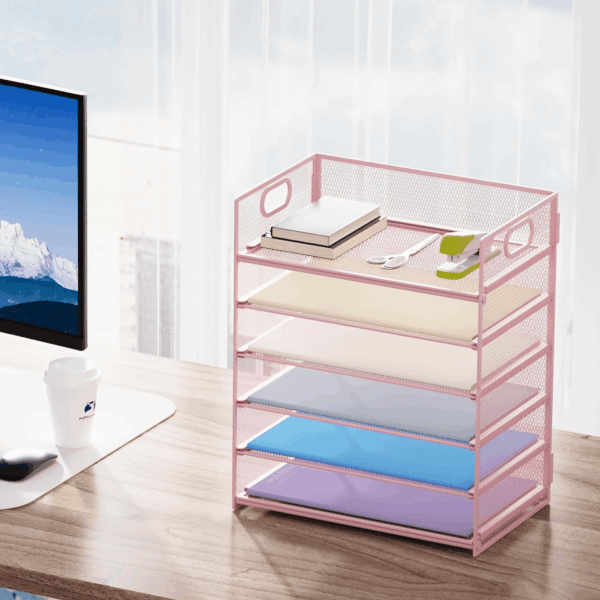 2 Pack Desk Organizer with Handle, 6 Tier Paper Letter Tray, Mesh Desk File Organizer for Office, School and Home - Pink - Image 6