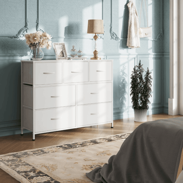 7 Drawer Dresser TV Stand, Dressers for Bedroom, Fabric Storage Tower, Hallway, Entryway, Closets, Sturdy Steel Frame, Wood Top, Easy Pull Handle, White - Image 7
