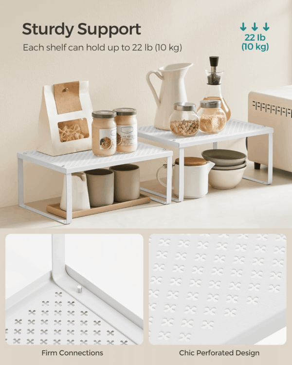 Spice Racks, Cabinet Shelf Organizers, Shelf Organizers, Countertop Organizers, Shelf Risers, Stackable, Expandable, Set of 2 Metal Kitchen Counter Shelves, White UKCS01WT - Image 5